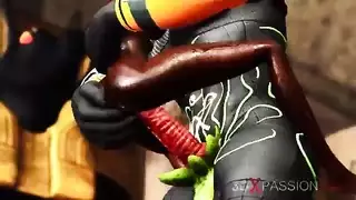 مصر القديمة يلعب أنوبيس مع فتاة سوداء ساخنة في المعبد
